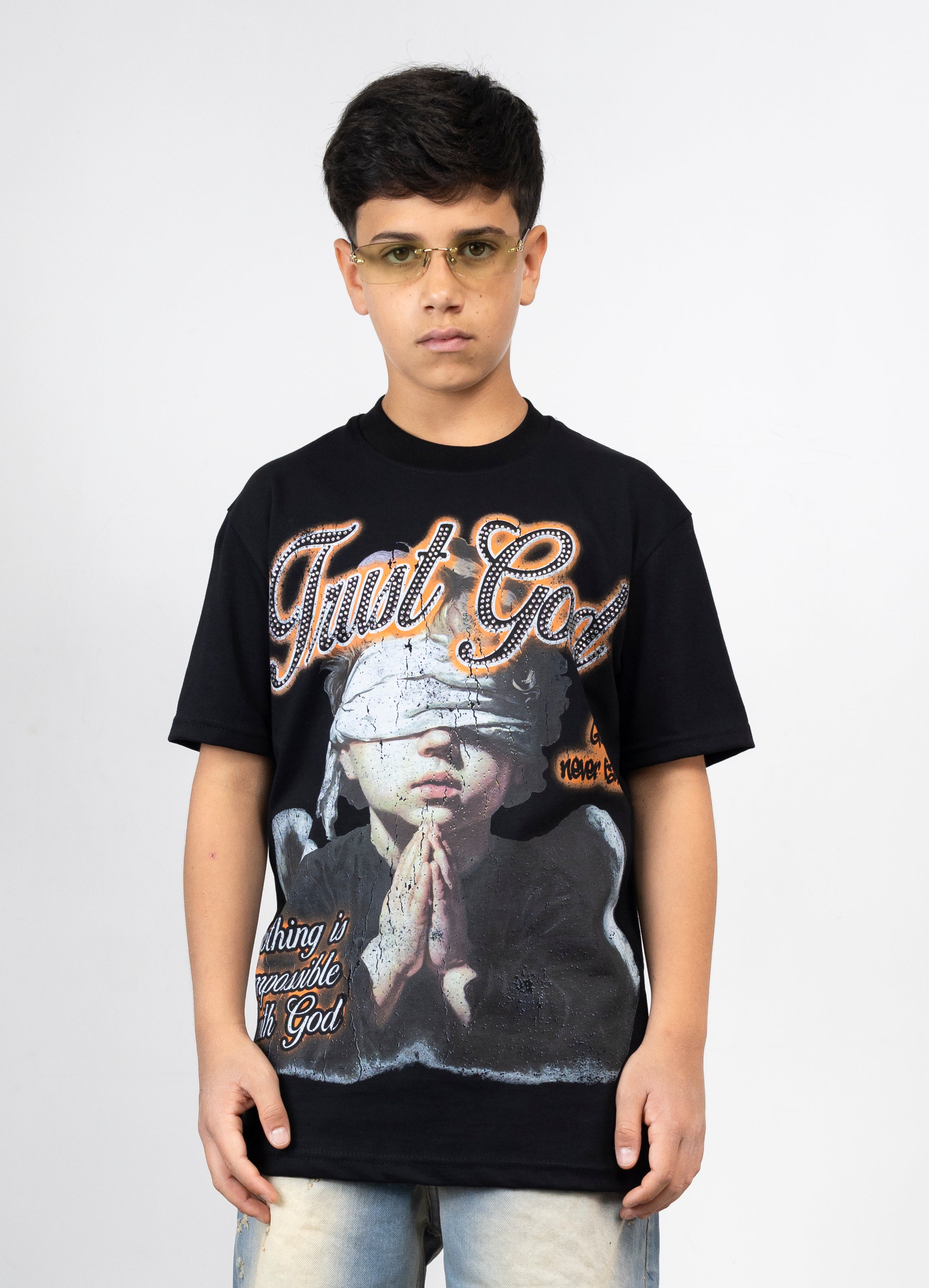 T-Shirt Junior "Just God" con Scritta Strass