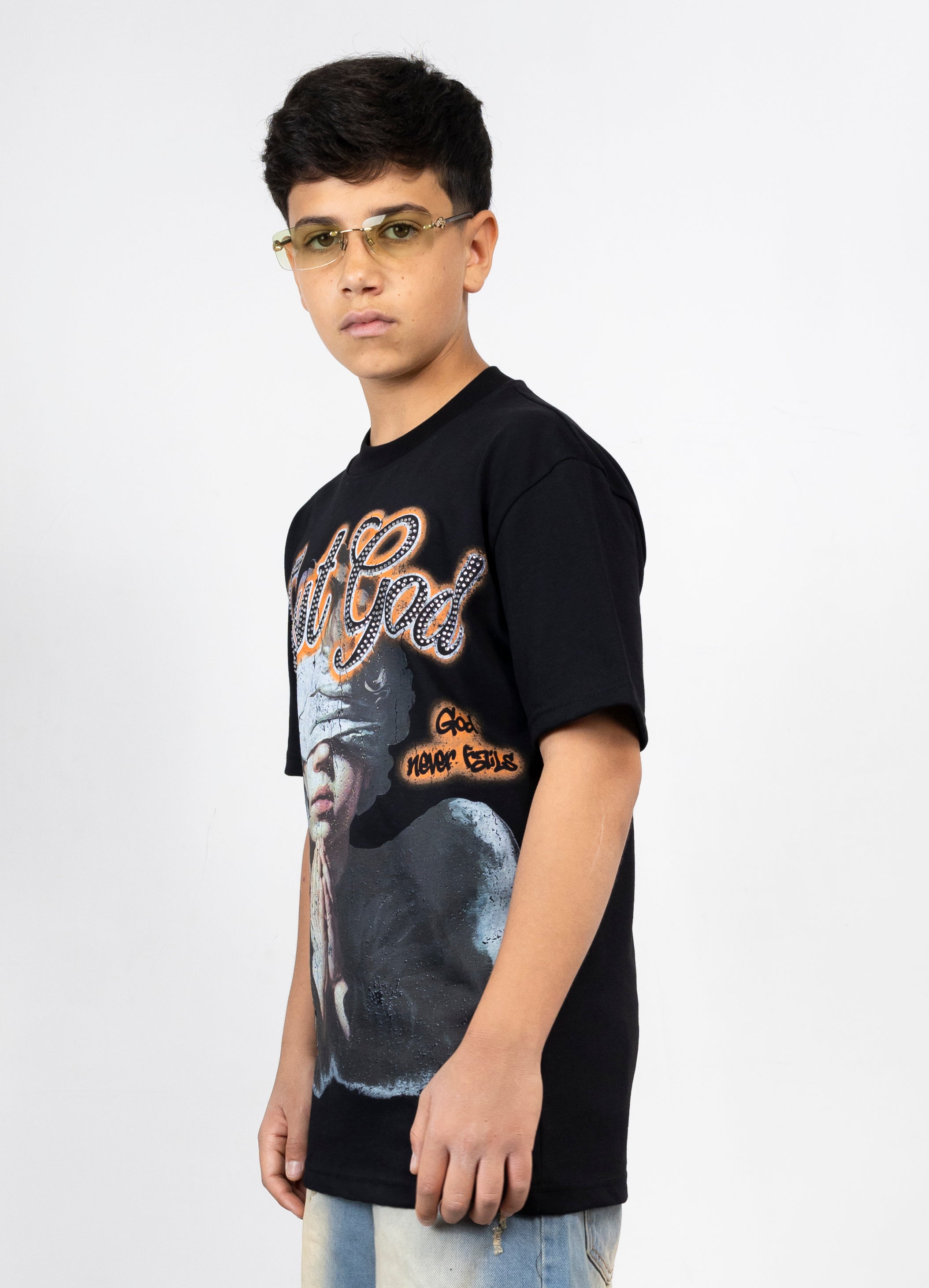 T-Shirt Junior "Just God" con Scritta Strass