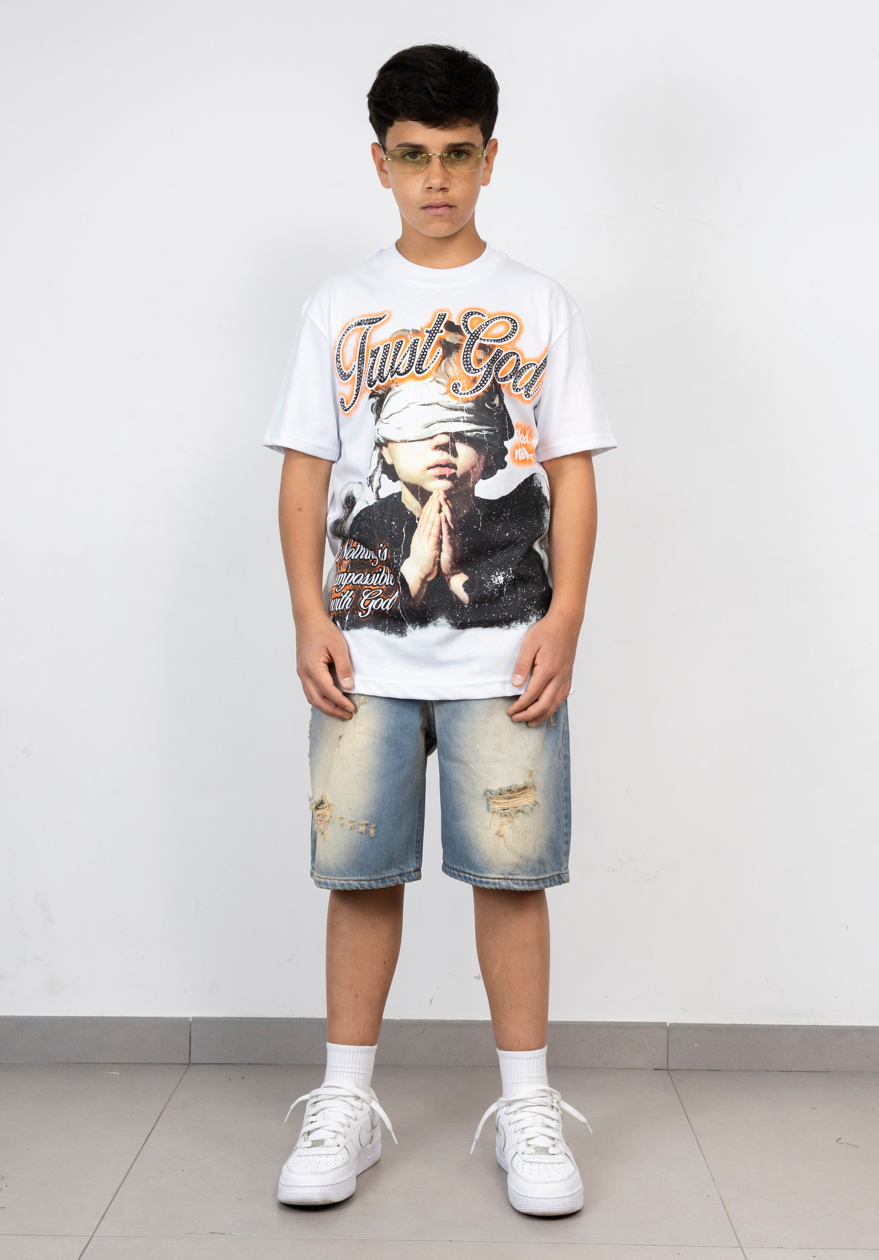 T-Shirt Junior "Just God" con Scritta Strass