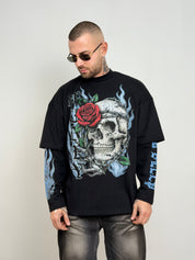 T-shirt double long sleeve teschio e rose