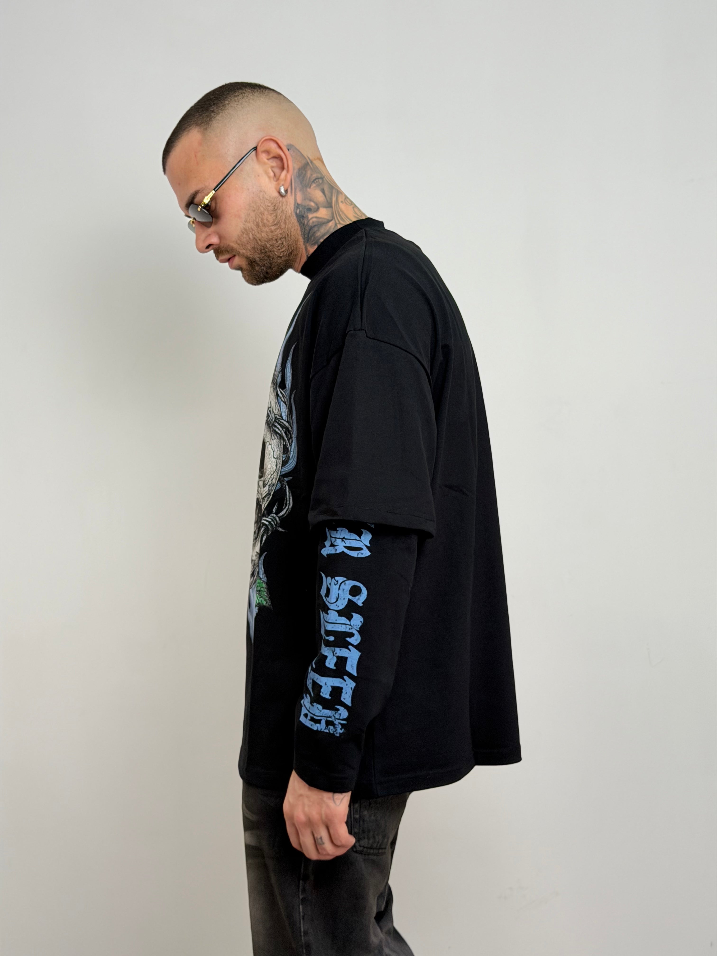 T-shirt double long sleeve teschio e rose