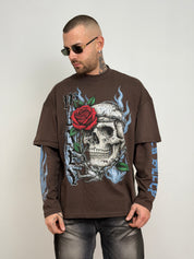 T-shirt double long sleeve teschio e rose