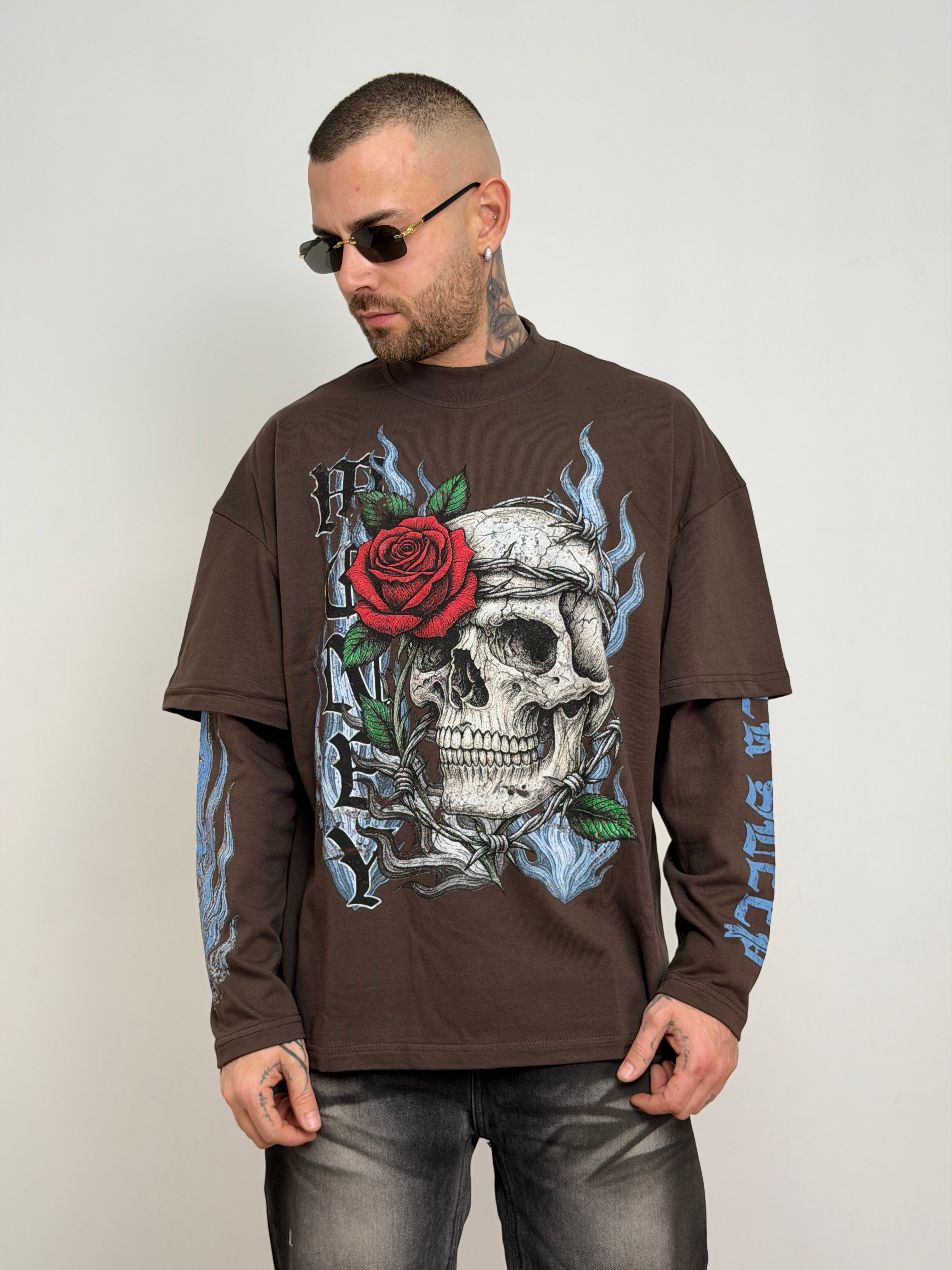 T-shirt double long sleeve teschio e rose