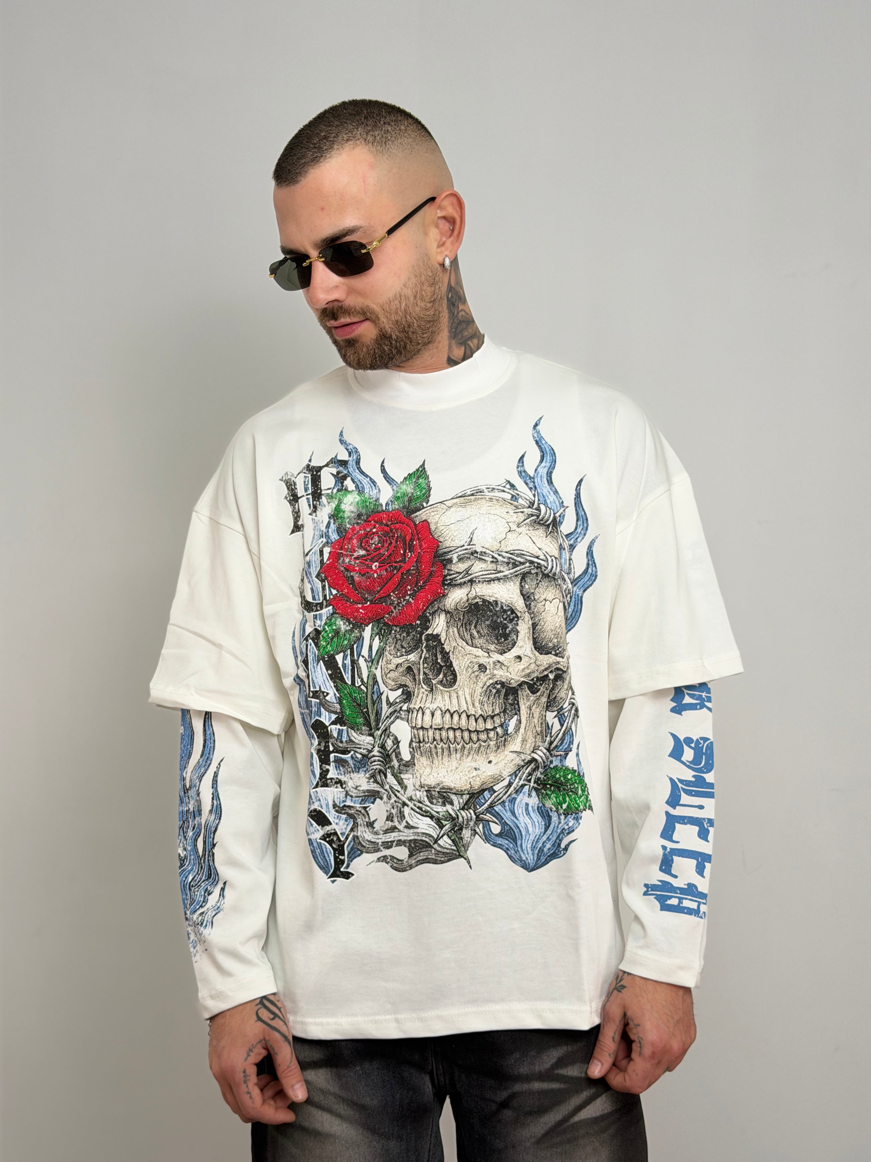 T-shirt double long sleeve teschio e rose
