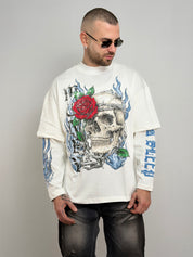 T-shirt double long sleeve teschio e rose
