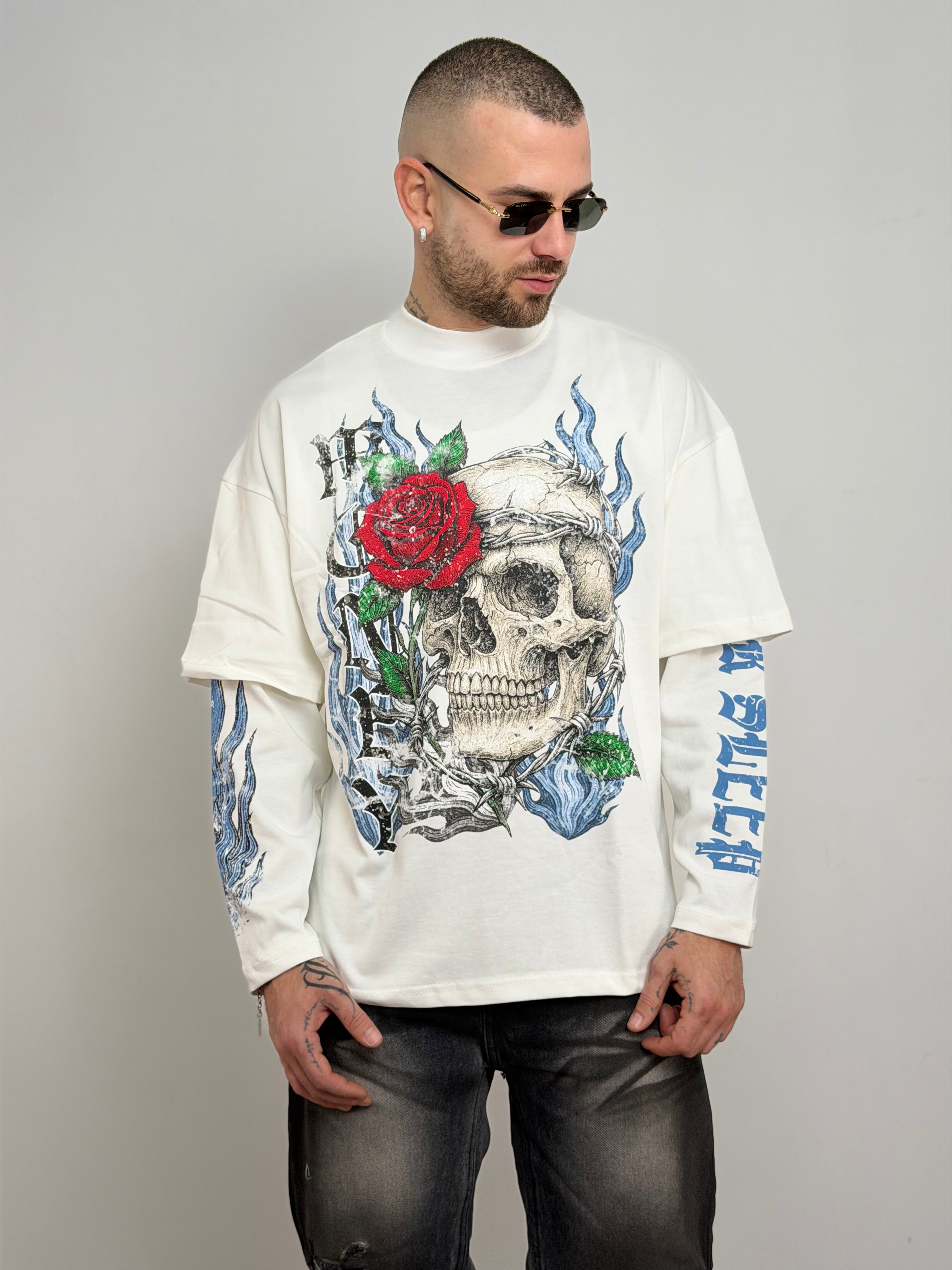 T-shirt double long sleeve teschio e rose
