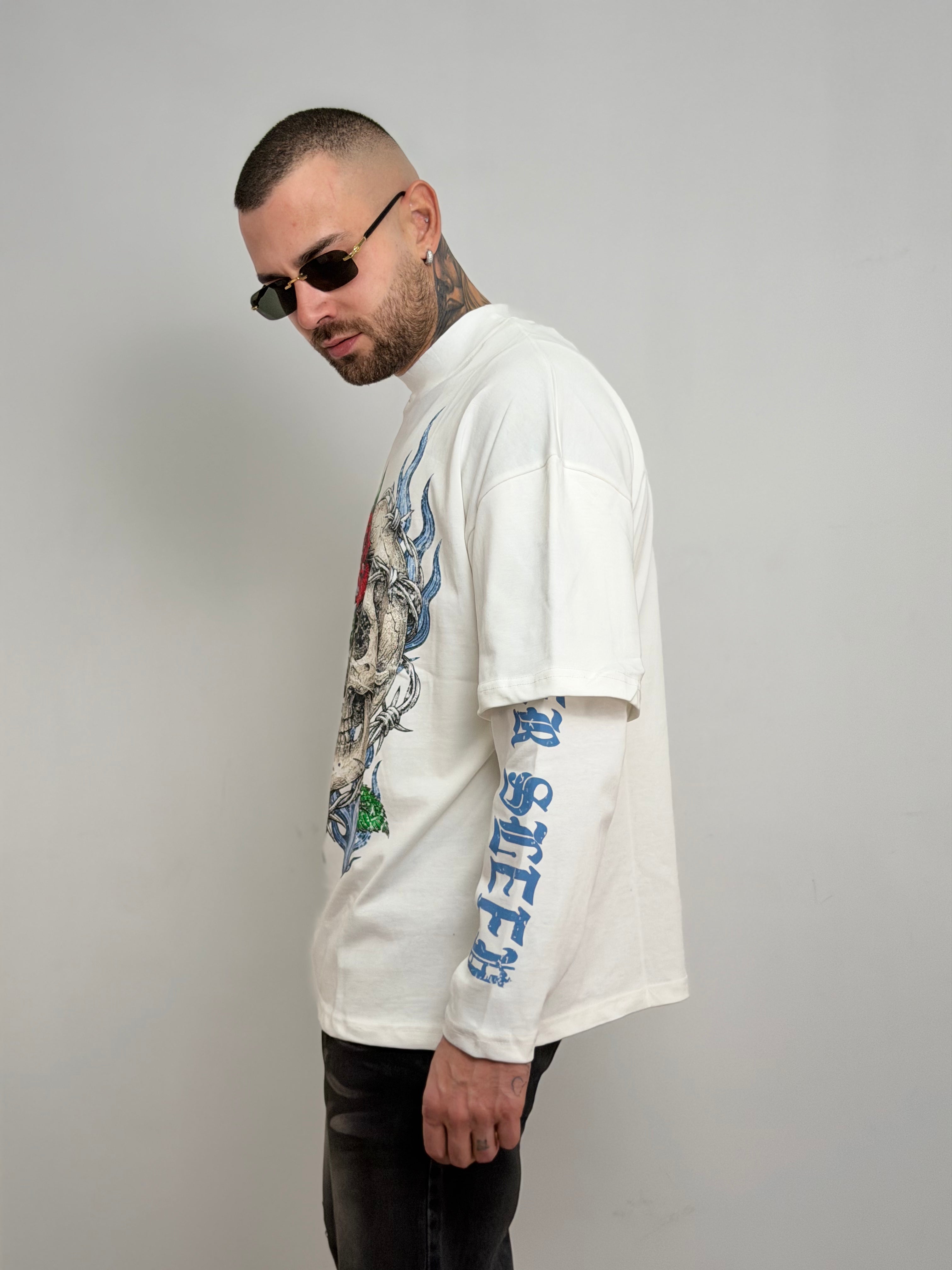 T-shirt double long sleeve teschio e rose