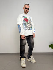 T-shirt double long sleeve teschio e rose