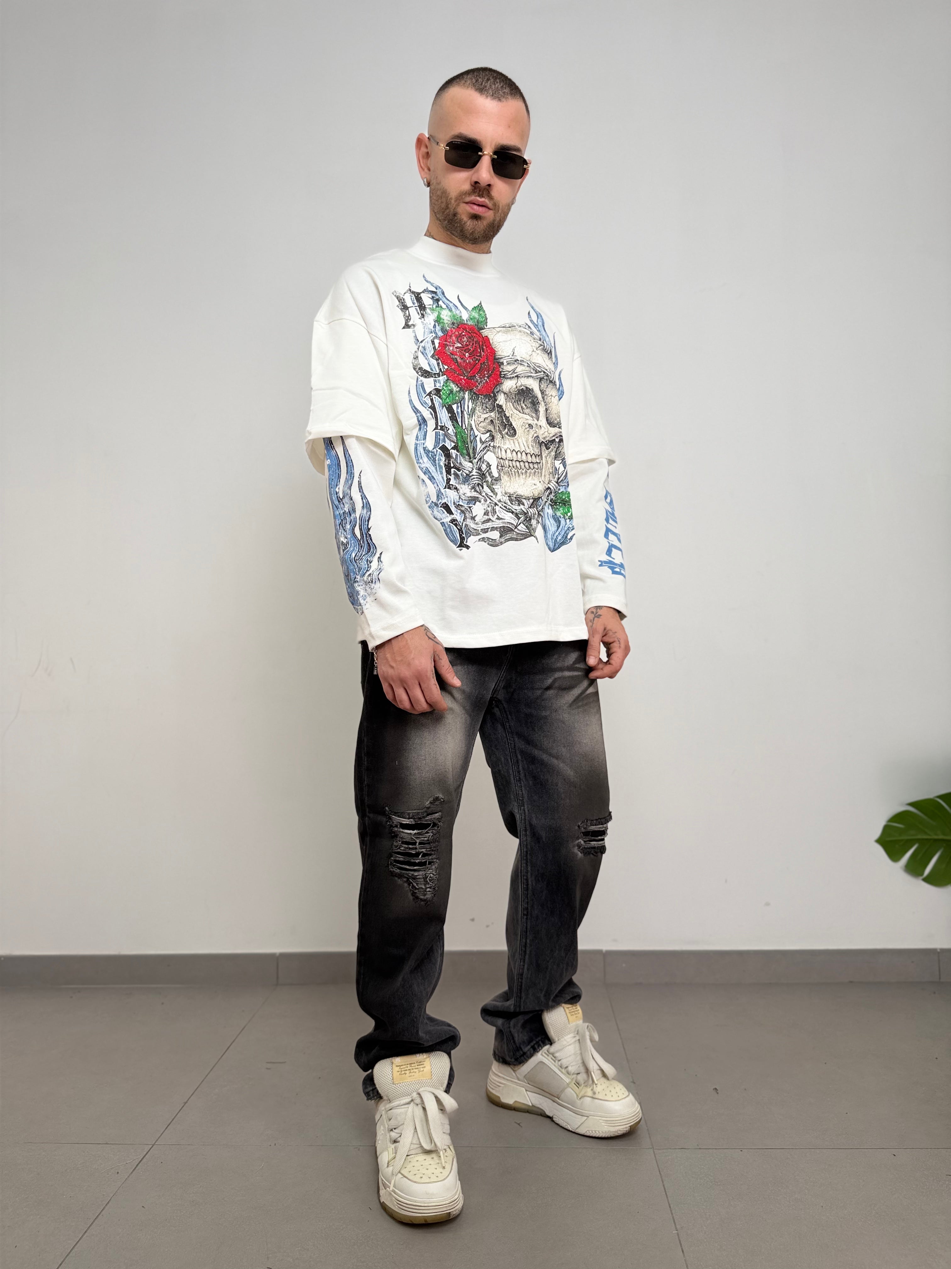 T-shirt double long sleeve teschio e rose