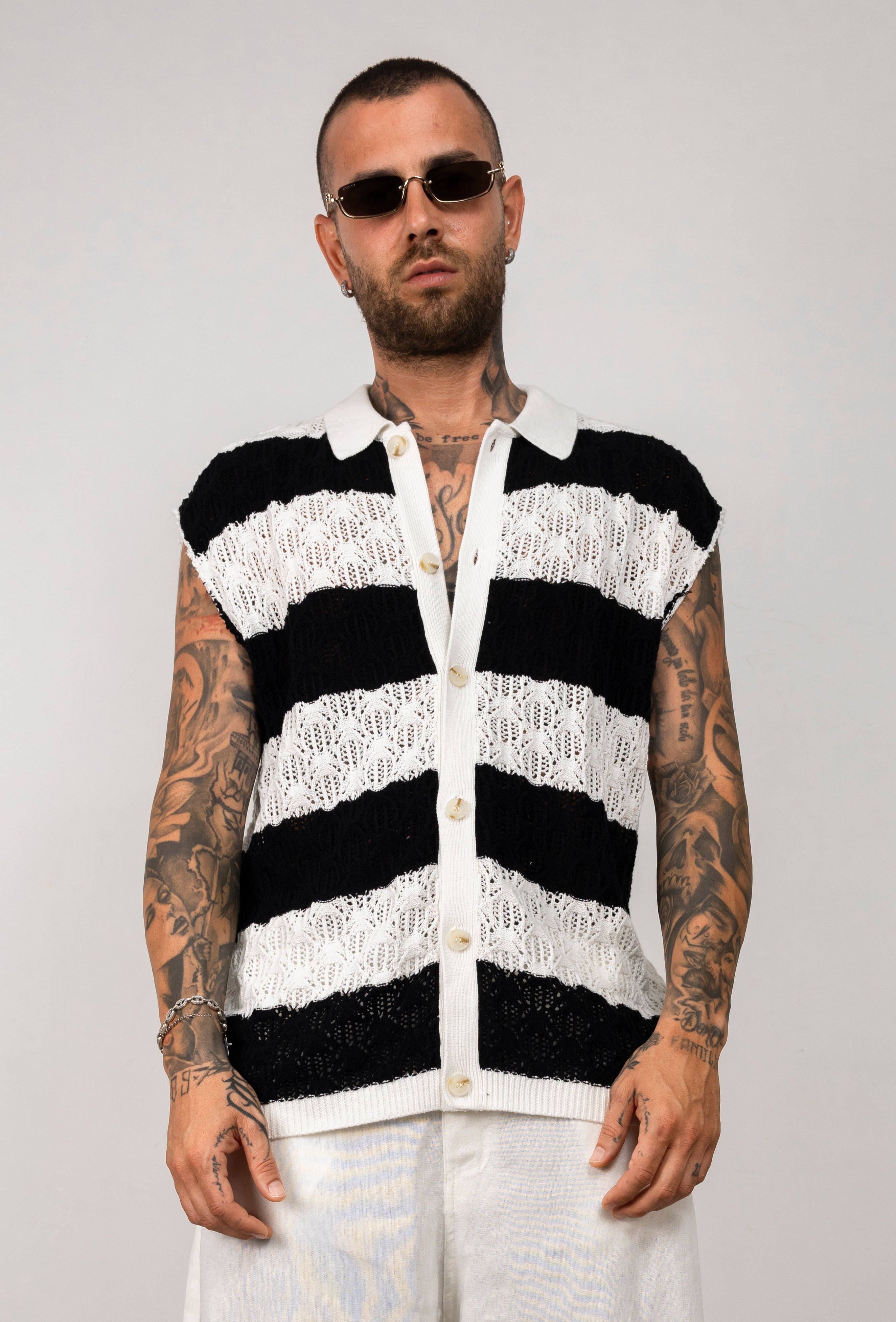 Camicia in maglia traforata a righe