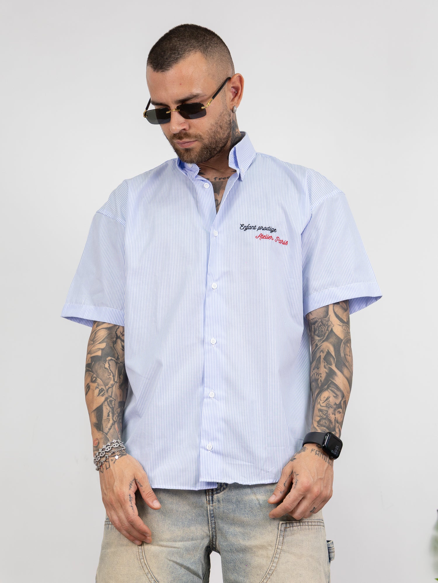 Camicia millerighe con ricamo