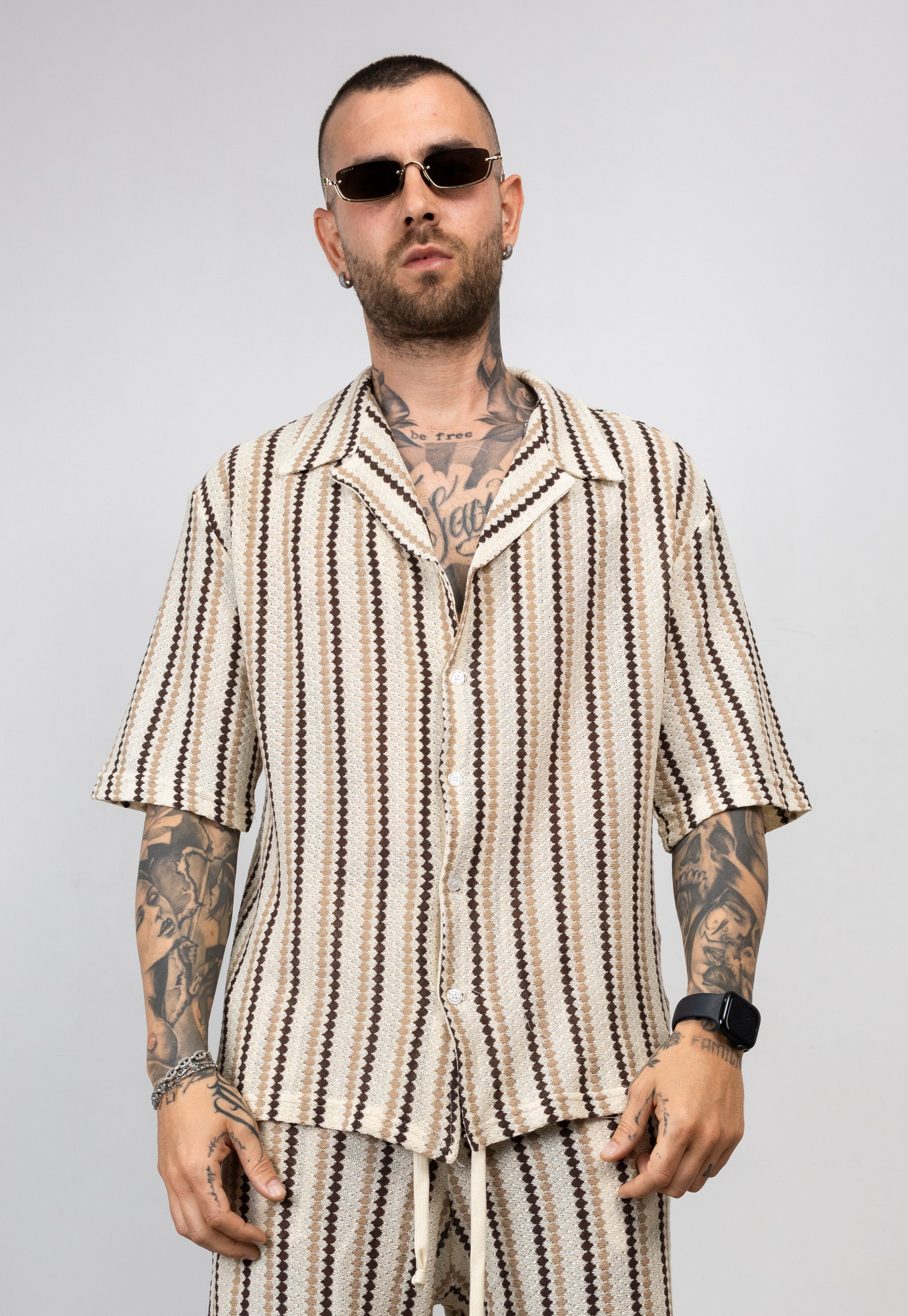 Coordinato Camicia e Bermuda in Maglia Traforata a Righe