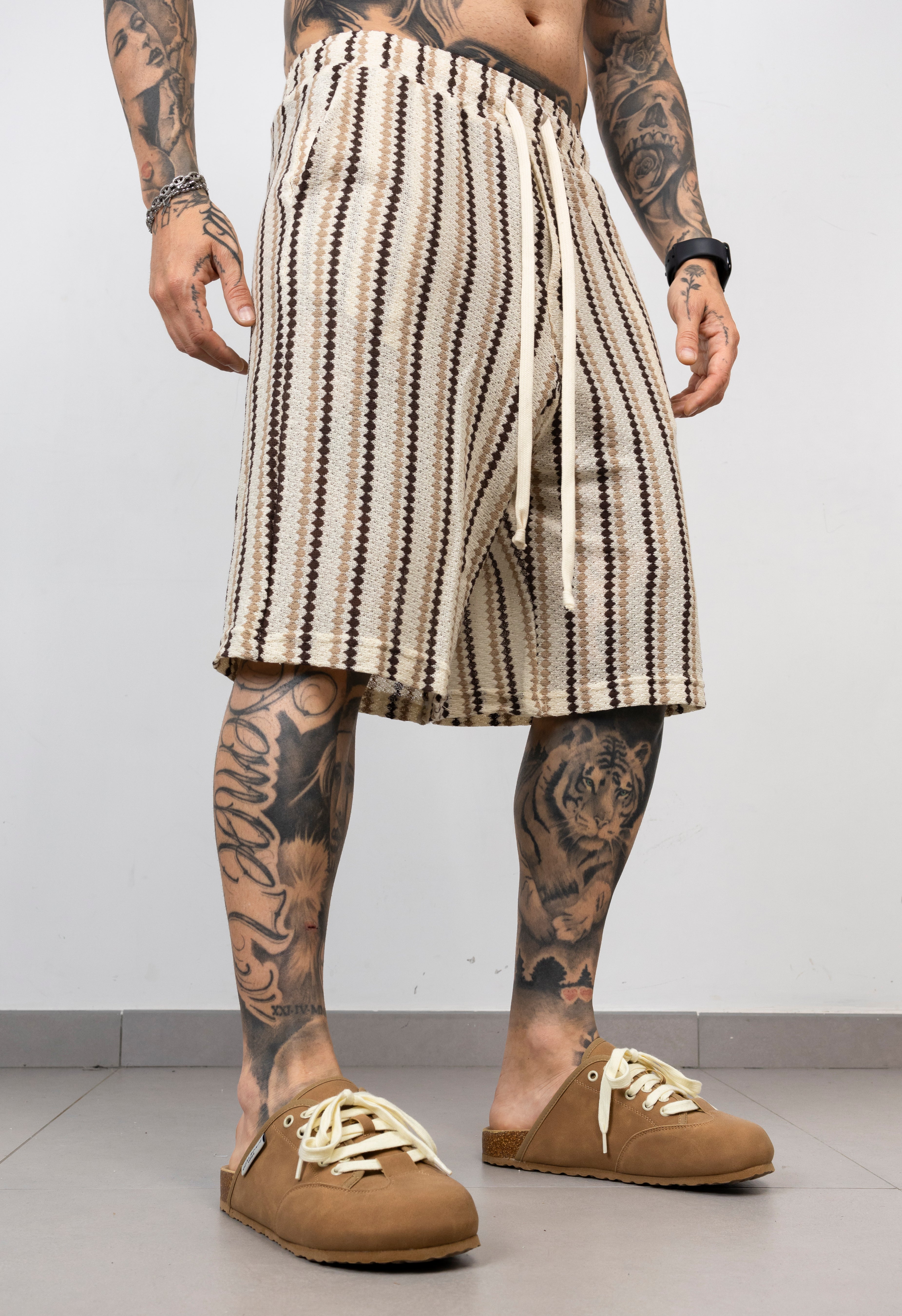 Coordinato Camicia e Bermuda in Maglia Traforata a Righe