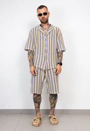 Coordinato Camicia e Bermuda in Maglia Traforata a Righe