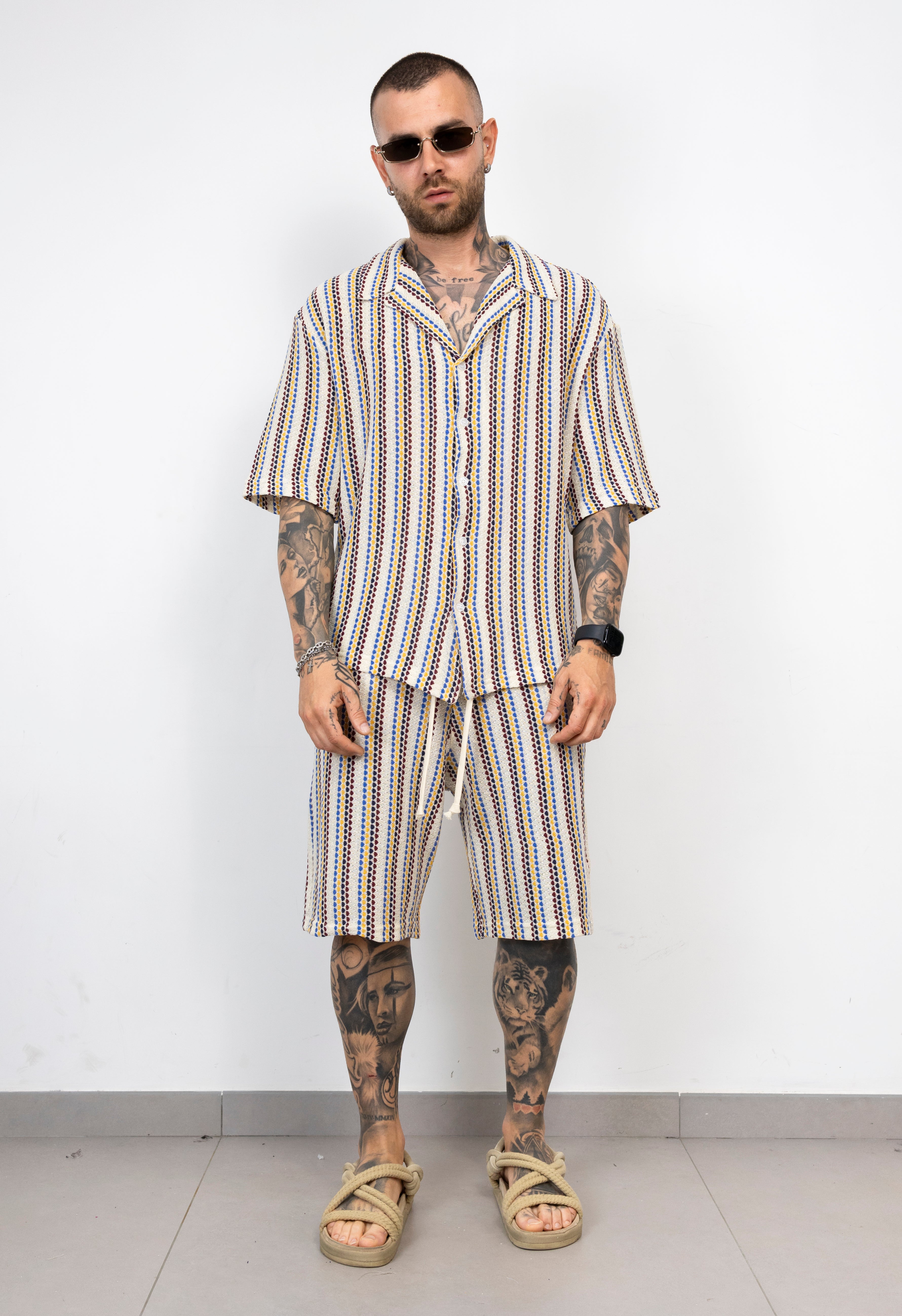 Coordinato Camicia e Bermuda in Maglia Traforata a Righe