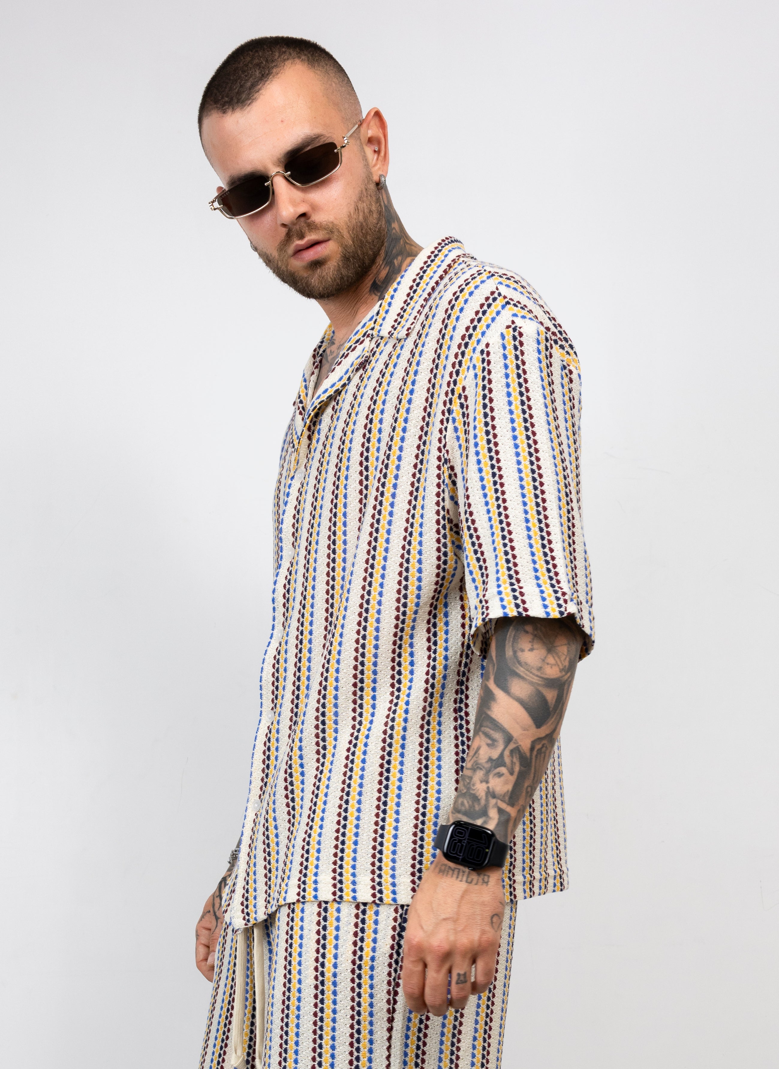 Coordinato Camicia e Bermuda in Maglia Traforata a Righe