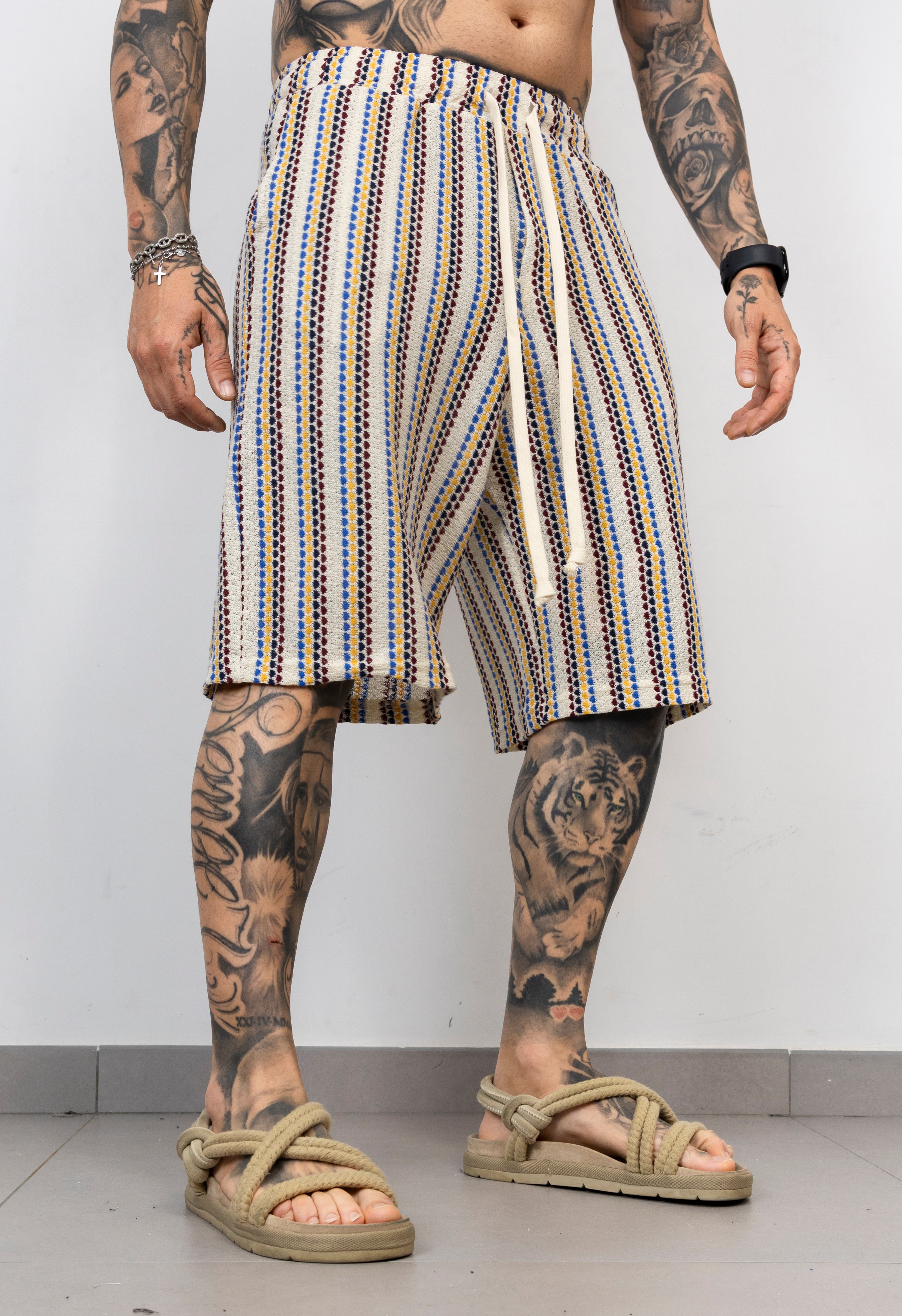 Coordinato Camicia e Bermuda in Maglia Traforata a Righe