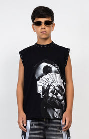 T-Shirt Smanicata Junior con Stampa Graphic e Borchie