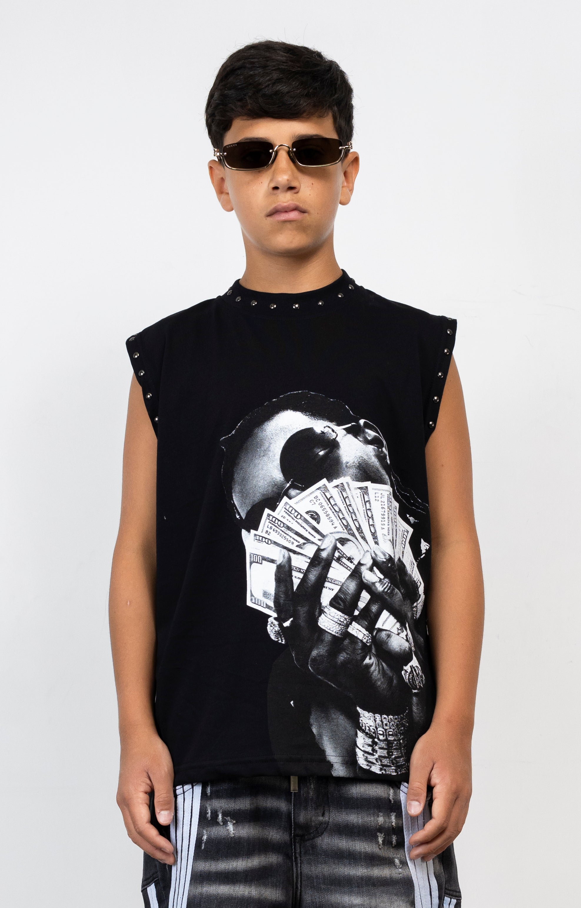 T-Shirt Smanicata Junior con Stampa Graphic e Borchie