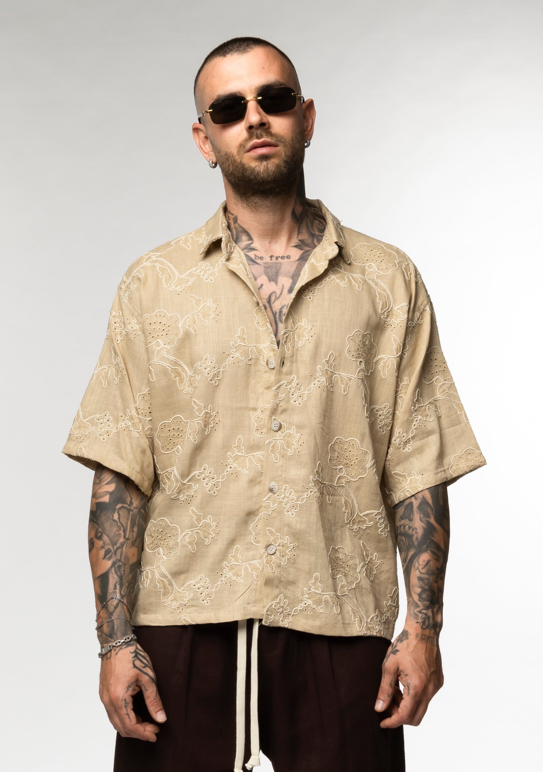 Camicia in Lino Ricamata Fantasia Floreale