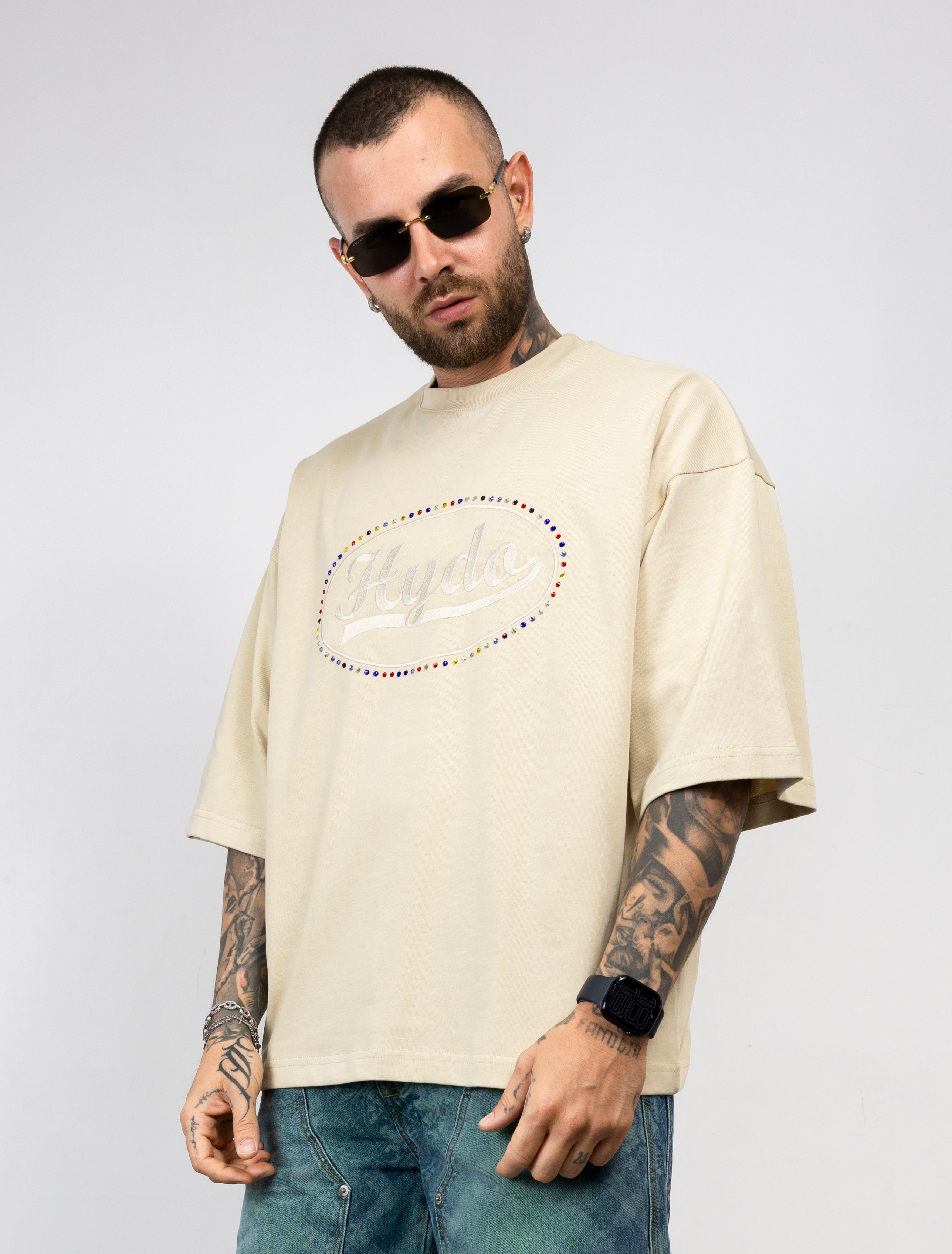 T-Shirt Oversize Hydo con Logo Ricamato e Strass