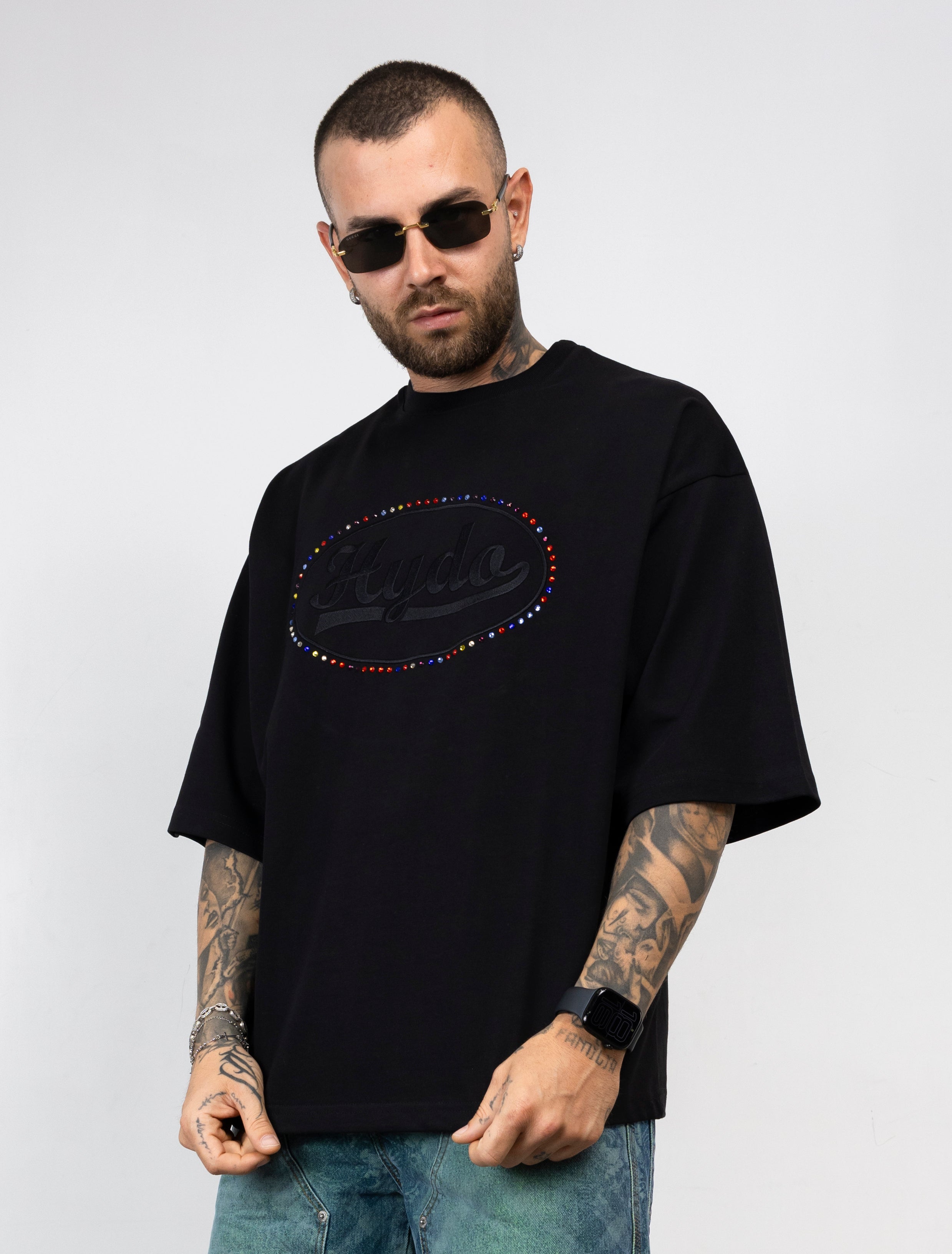 T-Shirt Oversize Hydo con Logo Ricamato e Strass