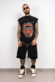 T-Shirt Oversize Smanicata Washed con Stampa