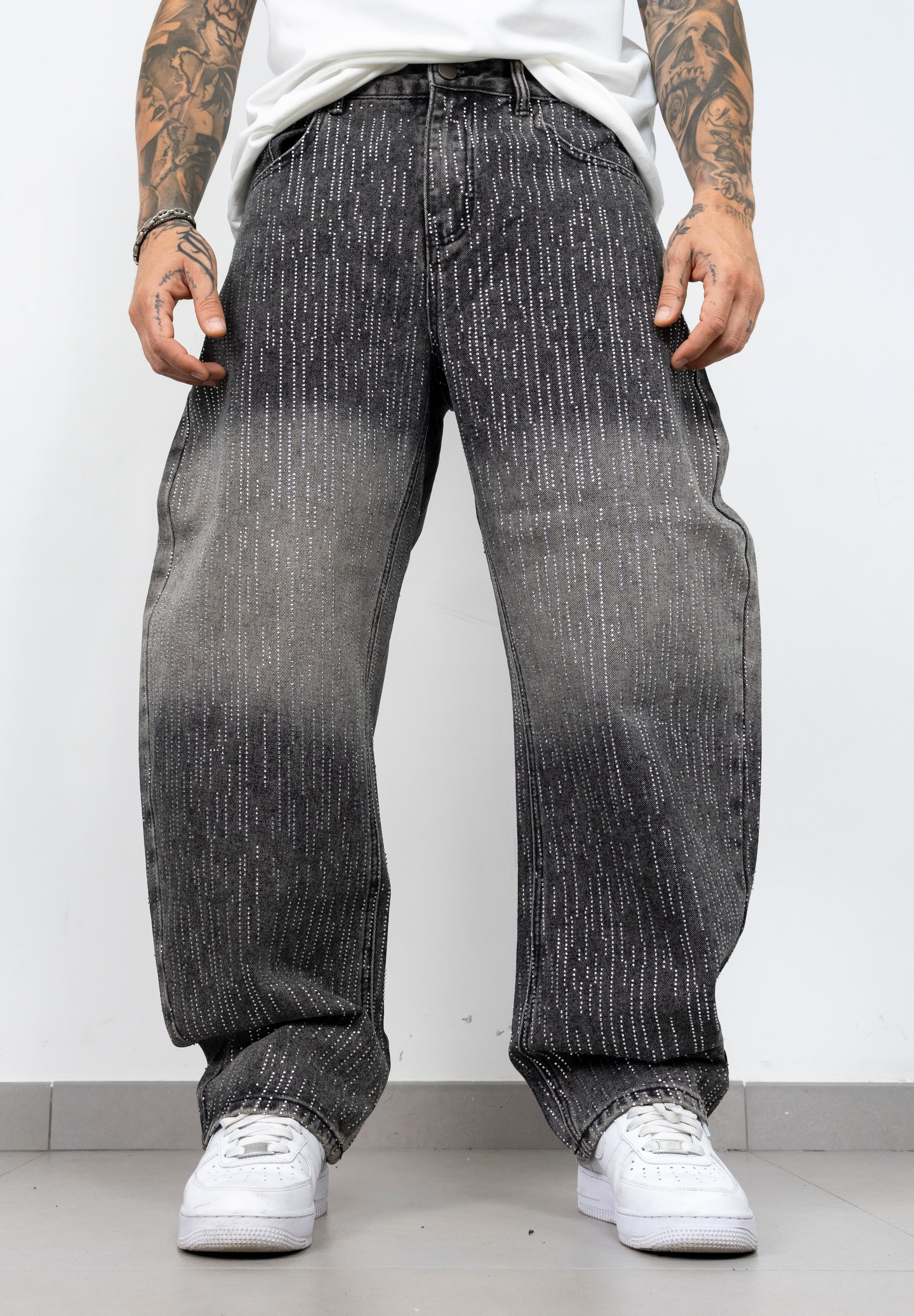 Jeans Wide Leg Nero con Strass e Lavaggio Sfumato